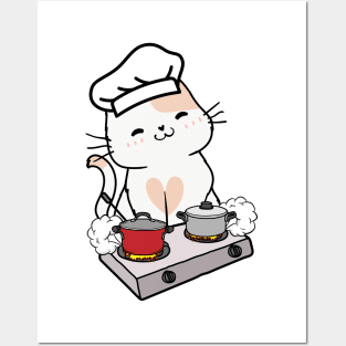 Funny white Cat is cooking Posters and Art